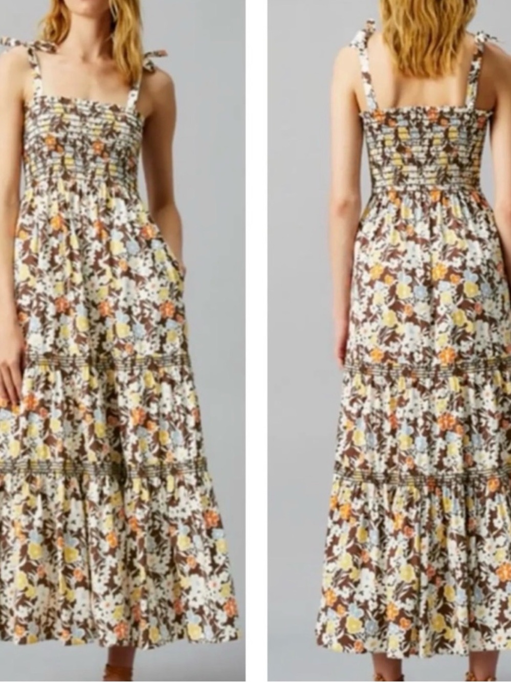 Tory Burch Reverie Floral Smocked Maxi Tie-Shoulder Dress